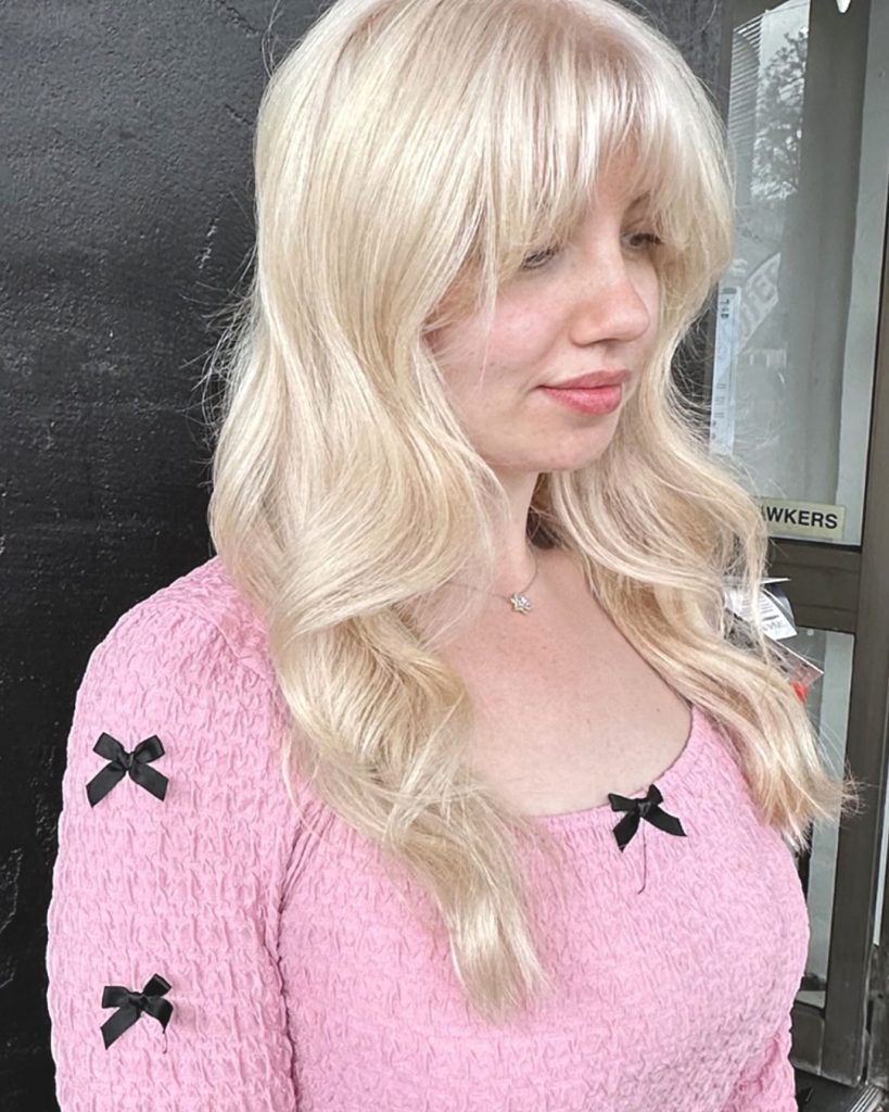 Bright blonde with soft curtain fringe – Fabuluxe Hair Studio Vermont