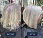 Before and after graduated bob haircut with regrowth tint on soft blonde hair – Fabuluxe Hair Studio Vermont
