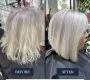 Before and after graduated bob haircut with regrowth tint on soft blonde hair – Fabuluxe Hair Studio Vermont