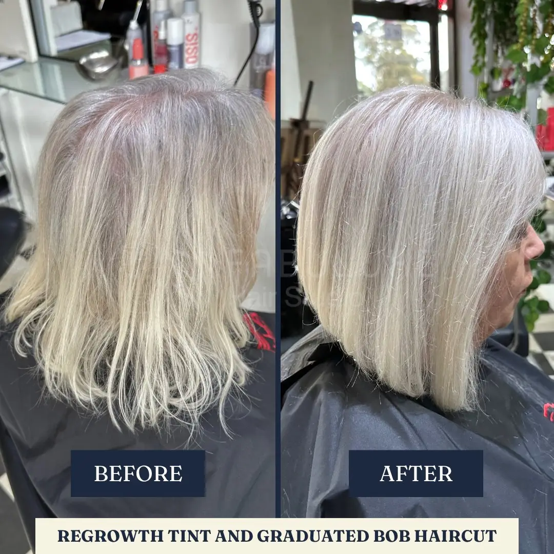 Before and after graduated bob haircut with regrowth tint on soft blonde hair – Fabuluxe Hair Studio Vermont