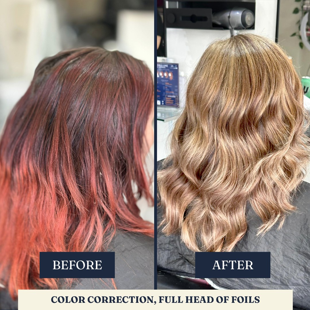 Colour correction with full head foils before and after – Fabuluxe Hair Studio Vermont