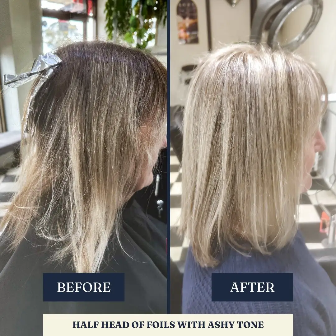 Before and after: half head foils, ashy tone – Fabuluxe Hair Studio Vermont