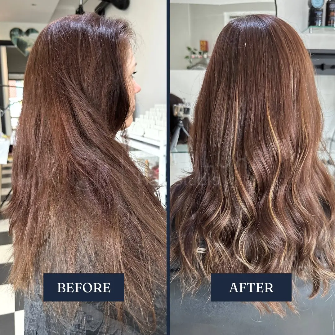 Before and after: balayage, warm caramel brunette – Fabuluxe Hair Studio Vermont