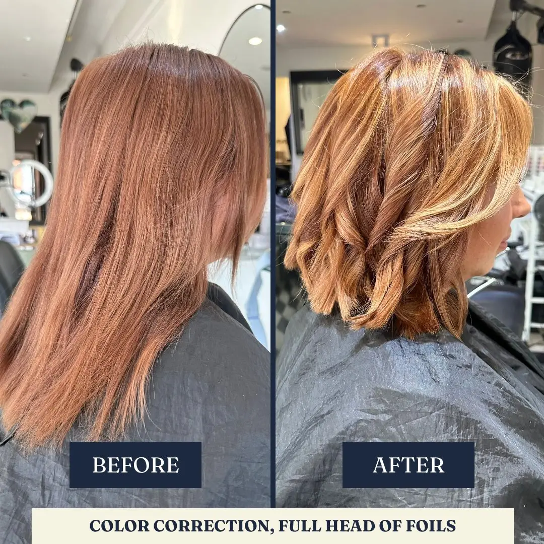 Before and after: colour correction, brightened copper – Fabuluxe Hair Studio Vermont