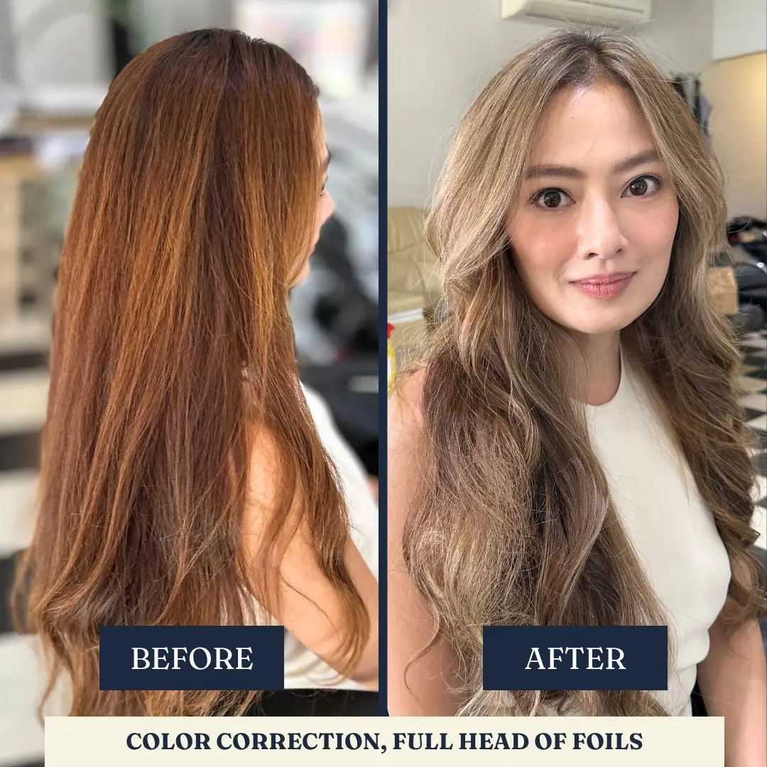 Before and after: colour correction, copper to soft beige brown – Fabuluxe Hair Studio Vermont