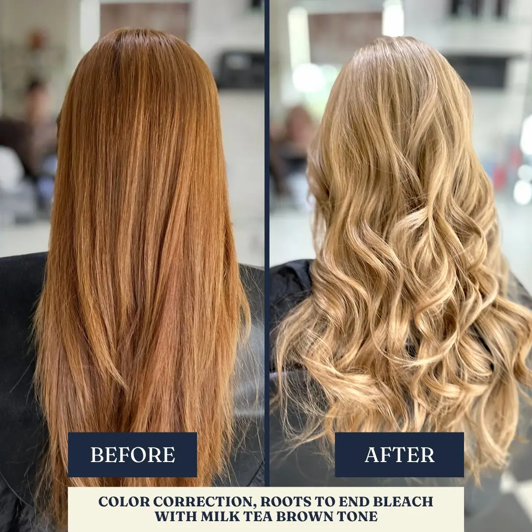 Before and after: colour correction, roots to ends, milk tea brown – Fabuluxe Hair Studio Vermont