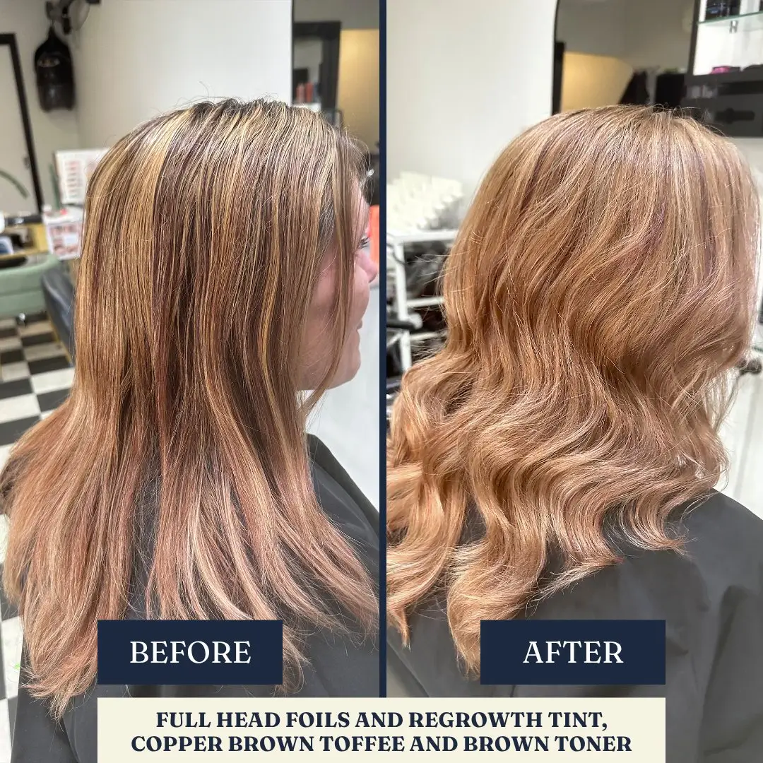Before and after: foils and regrowth tint, copper brown toffee – Fabuluxe Hair Studio Vermont