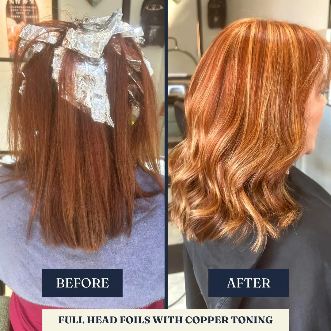 Before and after: full head foils, copper toning – Fabuluxe Hair Studio Vermont