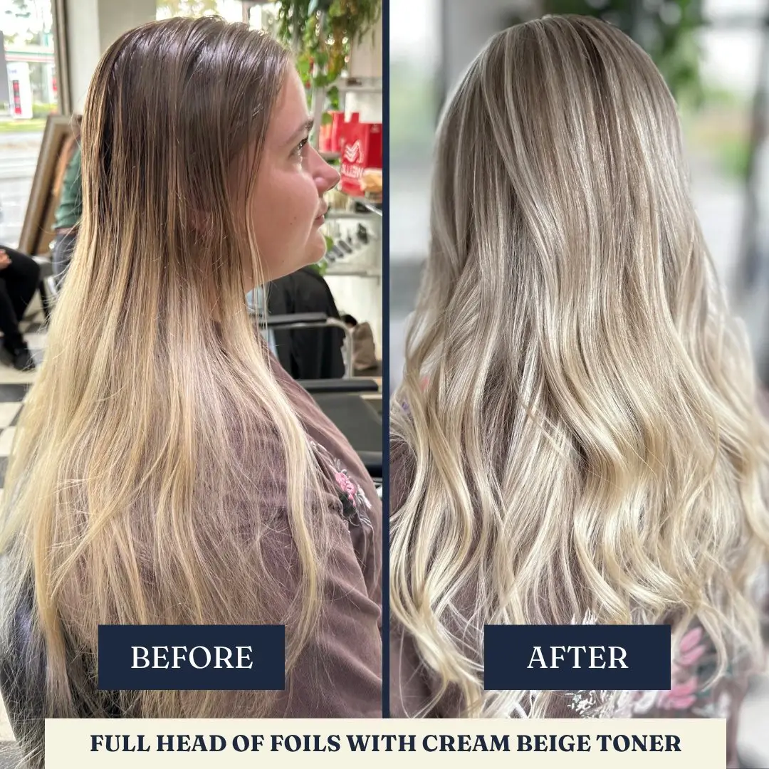 Before and after: full head foils, cream beige toner – Fabuluxe Hair Studio Vermont