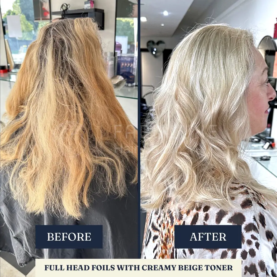 Before and after: full head foils, creamy beige toner – Fabuluxe Hair Studio Vermont