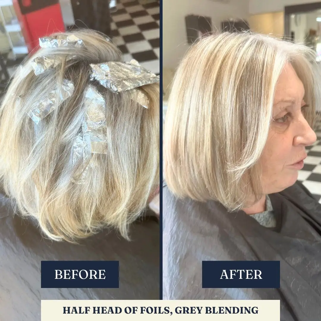 Before and after: half head foils, grey blending – Fabuluxe Hair Studio Vermont