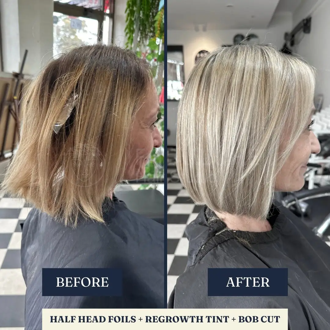 Before and after: half head foils, regrowth tint and bob cut – Fabuluxe Hair Studio Vermont