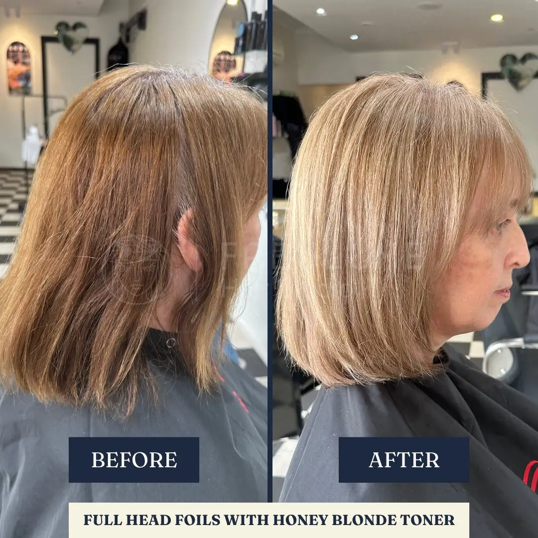 Before and after: full head foils, honey blonde toner – Fabuluxe Hair Studio Vermont