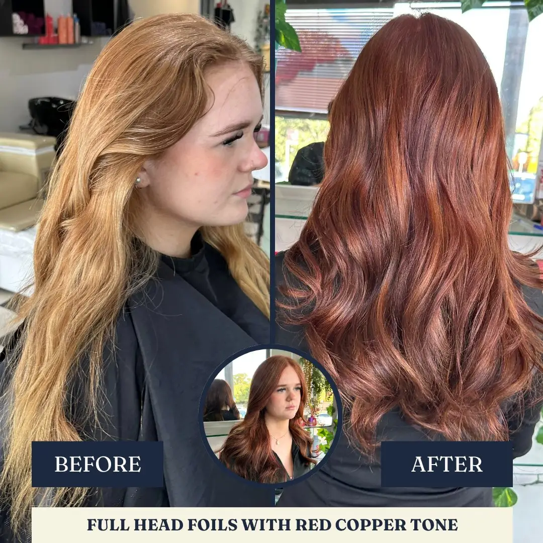 Before and after: full head foils, red copper tone – Fabuluxe Hair Studio Vermont