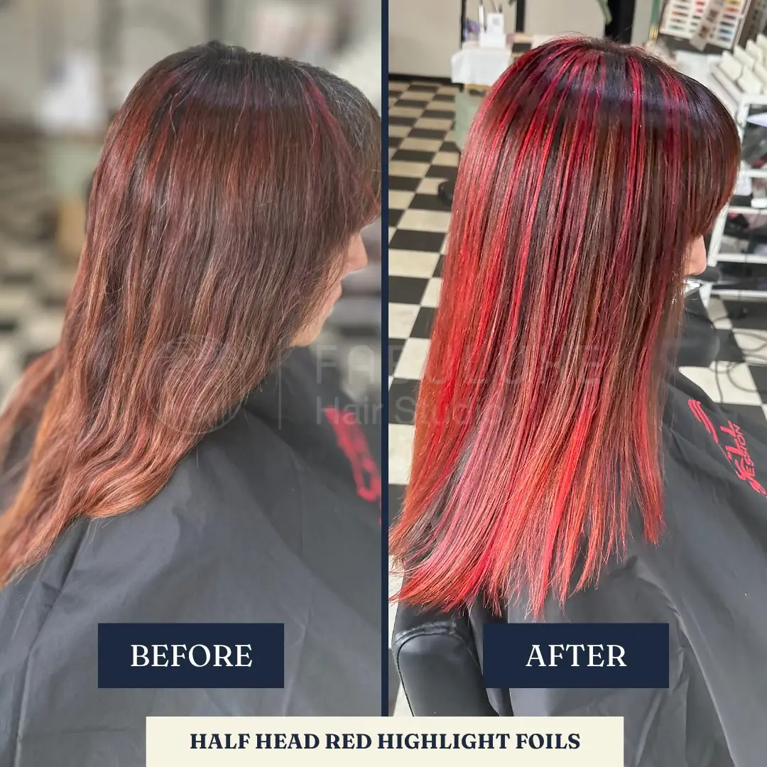 Before and after: half head foils, red highlights – Fabuluxe Hair Studio Vermont