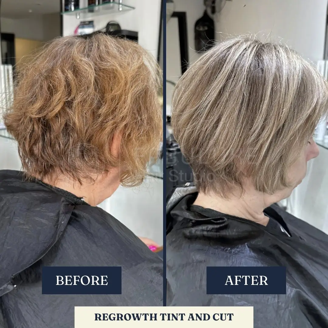 Before and after: regrowth tint and cut, fresh colour and shape – Fabuluxe Hair Studio Vermont
