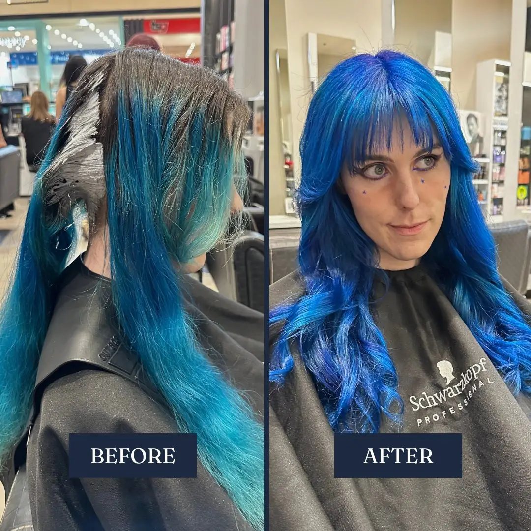 Before and after: scalp bleach, vivid blue – Fabuluxe Hair Studio Vermont