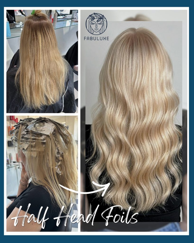 Half head foils blonde before and after – Fabuluxe Hair Studio Vermont