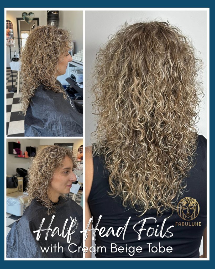 Half head foils with cream beige toner on curly hair – Fabuluxe Hair Studio Vermont