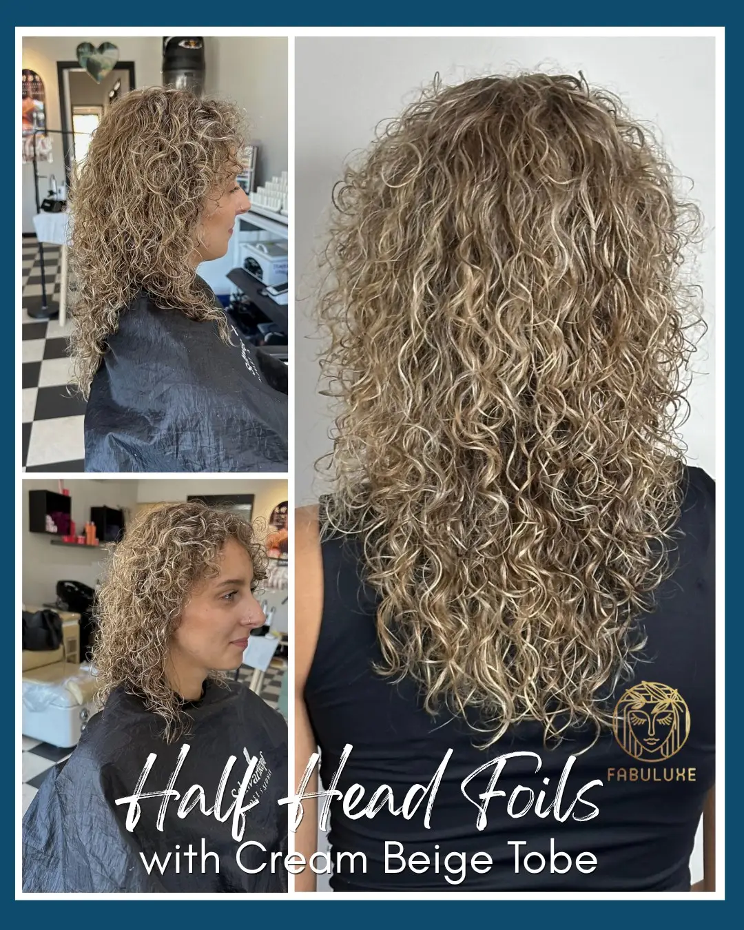 Half head foils with cream beige toner on curly hair – Fabuluxe Hair Studio Vermont