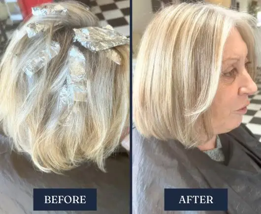 Grey blending with half head foils before and after – Fabuluxe Hair Studio Vermont