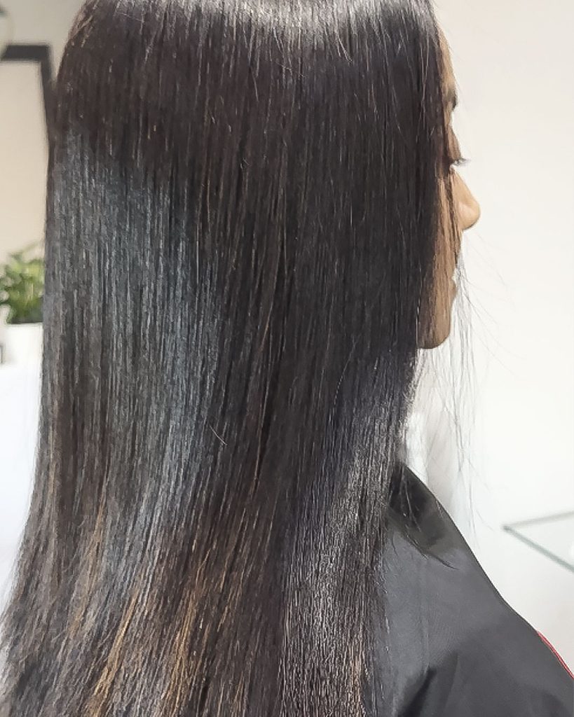 Smooth, glossy hair after nanoplasty – Fabuluxe Hair Studio Vermont